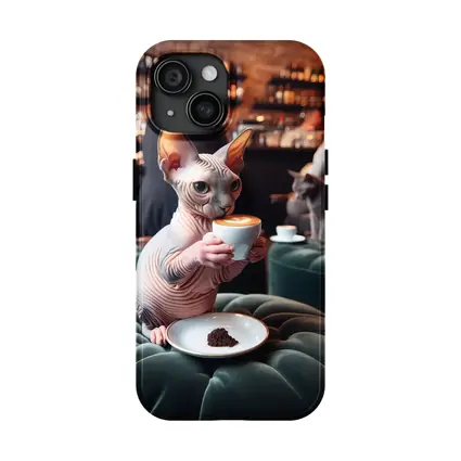 Sphynx Cat Drinking Coffee In Cafe