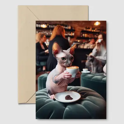 Sphynx Cat Drinking Coffee In Cafe