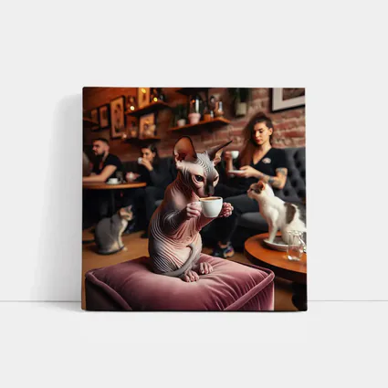 Sphynx Cat Drinking Coffee In Cafe