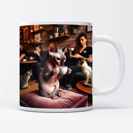 Sphynx Cat Drinking Coffee In Cafe