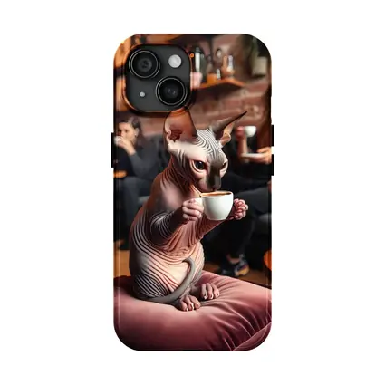 Sphynx Cat Drinking Coffee In Cafe