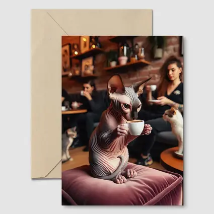 Sphynx Cat Drinking Coffee In Cafe