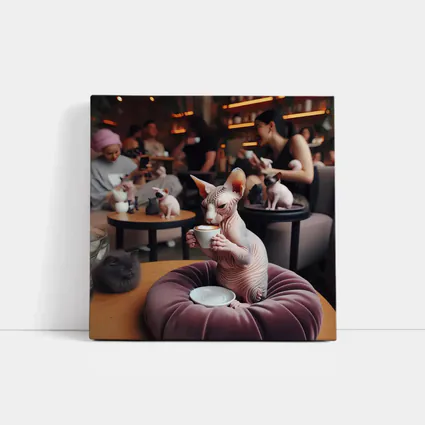 Sphynx Cat Drinking Coffee In Cafe