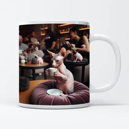 Sphynx Cat Drinking Coffee In Cafe