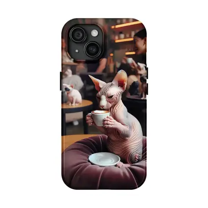 Sphynx Cat Drinking Coffee In Cafe