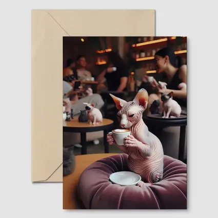 Sphynx Cat Drinking Coffee In Cafe