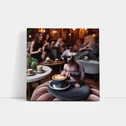Sphynx Cat Enjoying Latte Coffee Shop