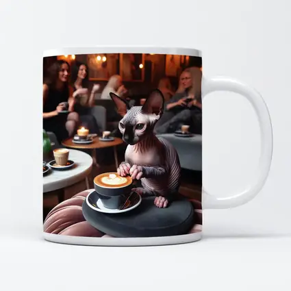 Sphynx Cat Enjoying Latte Coffee Shop