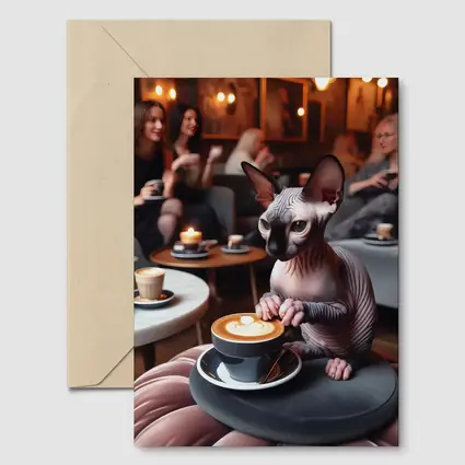 Sphynx Cat Enjoying Latte Coffee Shop