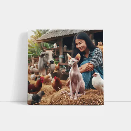 Sphynx Cat Woman Farm Animals Rustic Setting