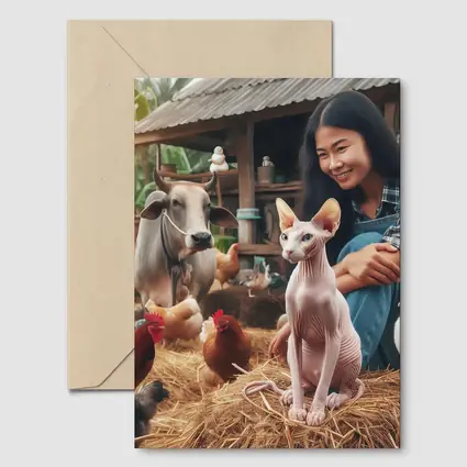 Sphynx Cat Woman Farm Animals Rustic Setting