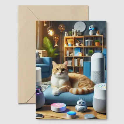 Orange Cat Surrounded By Smart Home Speakers