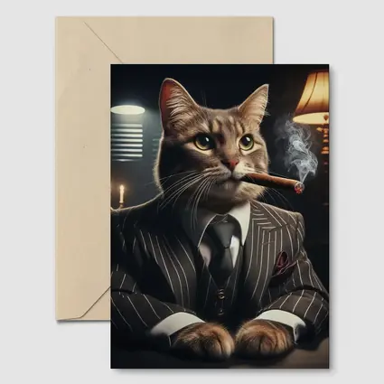 Gangster Cat Pinstripe Suit Dark Room