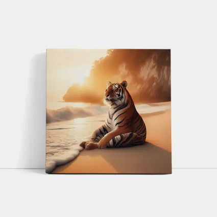 Tiger Resting On Sandy Beach At Sunset
