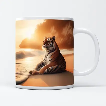 Tiger Resting On Sandy Beach At Sunset