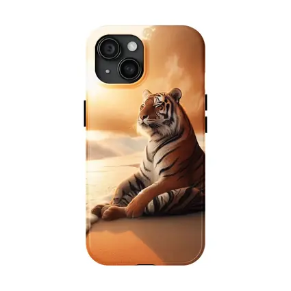 Tiger Resting On Sandy Beach At Sunset