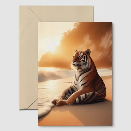Tiger Resting On Sandy Beach At Sunset