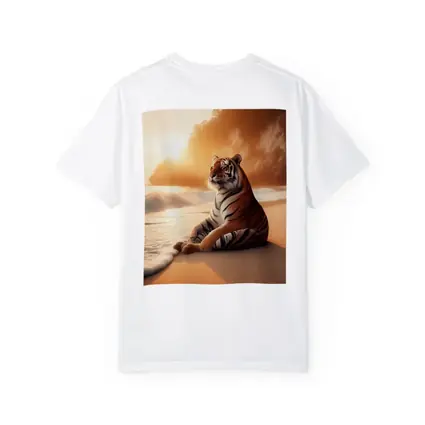Tiger Resting On Sandy Beach At Sunset
