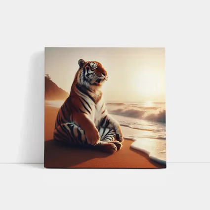 Tiger Sitting on Beach at Sunset
