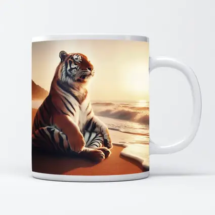 Tiger Sitting on Beach at Sunset