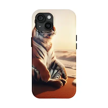 Tiger Sitting on Beach at Sunset