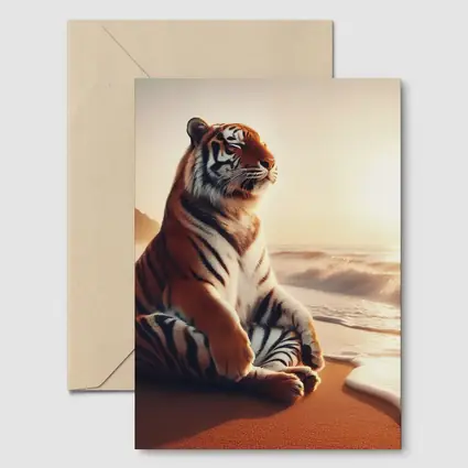 Tiger Sitting on Beach at Sunset