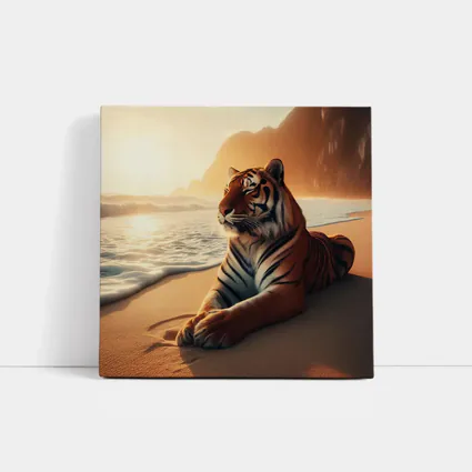 Tiger Resting On Sandy Beach At Sunset