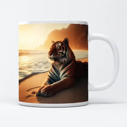 Tiger Resting On Sandy Beach At Sunset