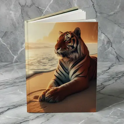 Tiger Resting On Sandy Beach At Sunset