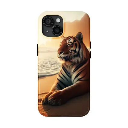 Tiger Resting On Sandy Beach At Sunset
