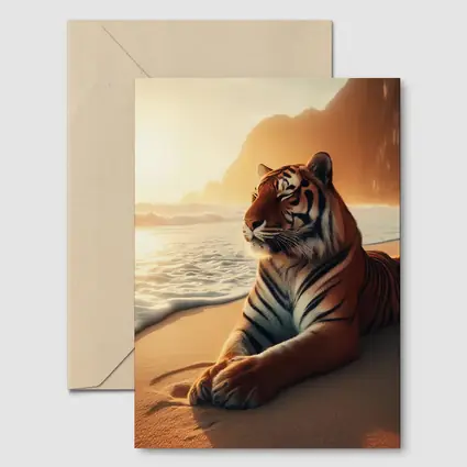 Tiger Resting On Sandy Beach At Sunset
