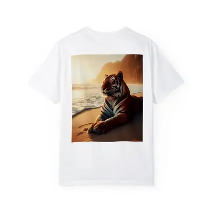 Tiger Resting On Sandy Beach At Sunset