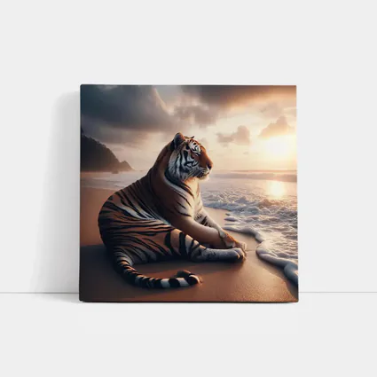 Tiger Resting On Sandy Beach At Sunset