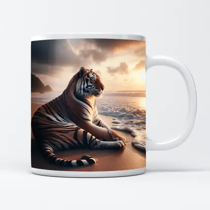 Tiger Resting On Sandy Beach At Sunset