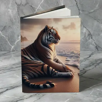 Tiger Resting On Sandy Beach At Sunset
