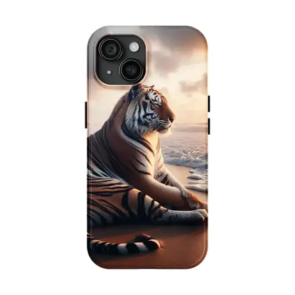 Tiger Resting On Sandy Beach At Sunset