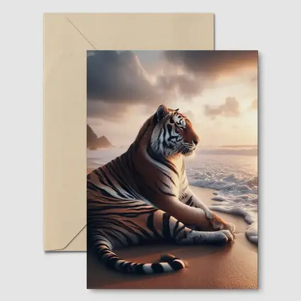 Tiger Resting On Sandy Beach At Sunset