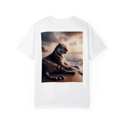 Tiger Resting On Sandy Beach At Sunset