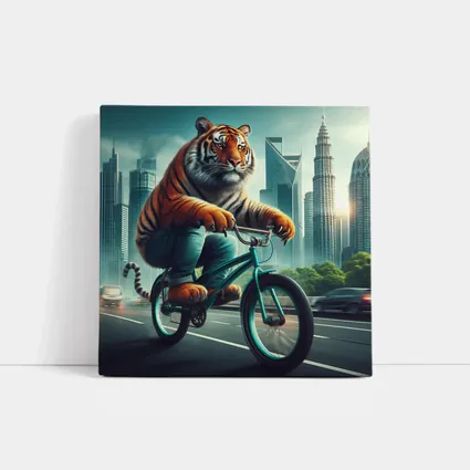 Tiger Riding Bicycle City Skyline Art