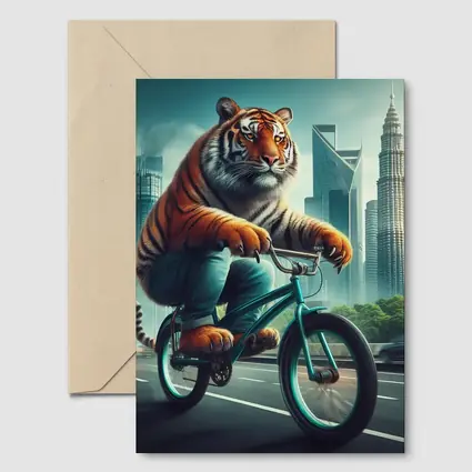 Tiger Riding Bicycle City Skyline Art