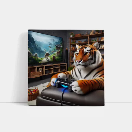 Tiger Playing Video Games Cozy Room