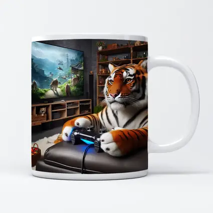Tiger Playing Video Games Cozy Room