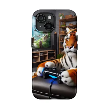 Tiger Playing Video Games Cozy Room