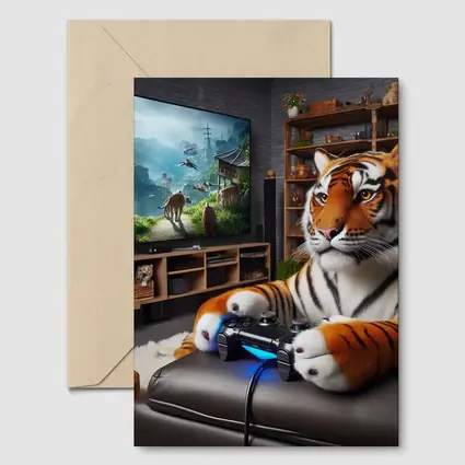 Tiger Playing Video Games Cozy Room