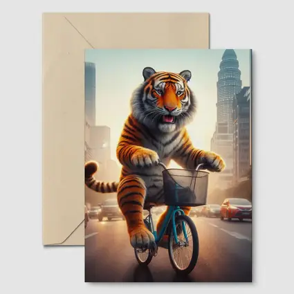 Tiger Riding Bicycle Through City Streets