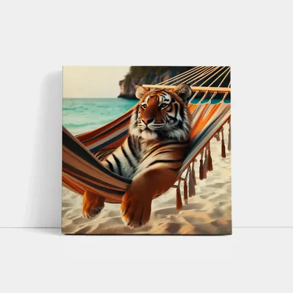 Tiger Relaxing In Hammock On Beach