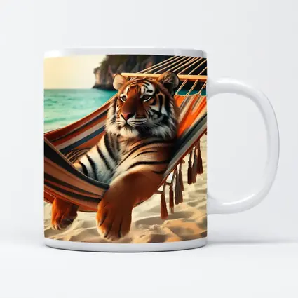 Tiger Relaxing In Hammock On Beach