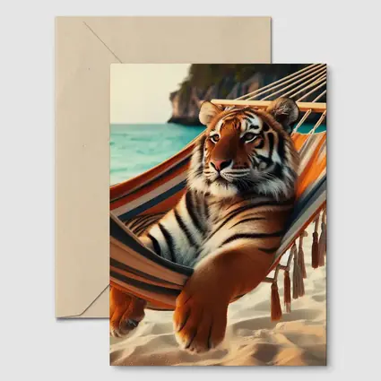 Tiger Relaxing In Hammock On Beach
