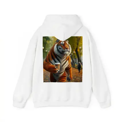 Tiger Holding Coffee Cup in Autumn Park