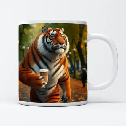 Tiger Holding Coffee Cup in Autumn Park